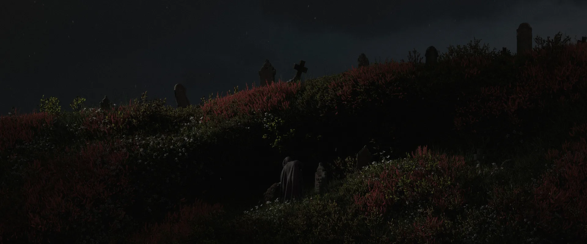 A cloaked gravedigger at Heather's Crown